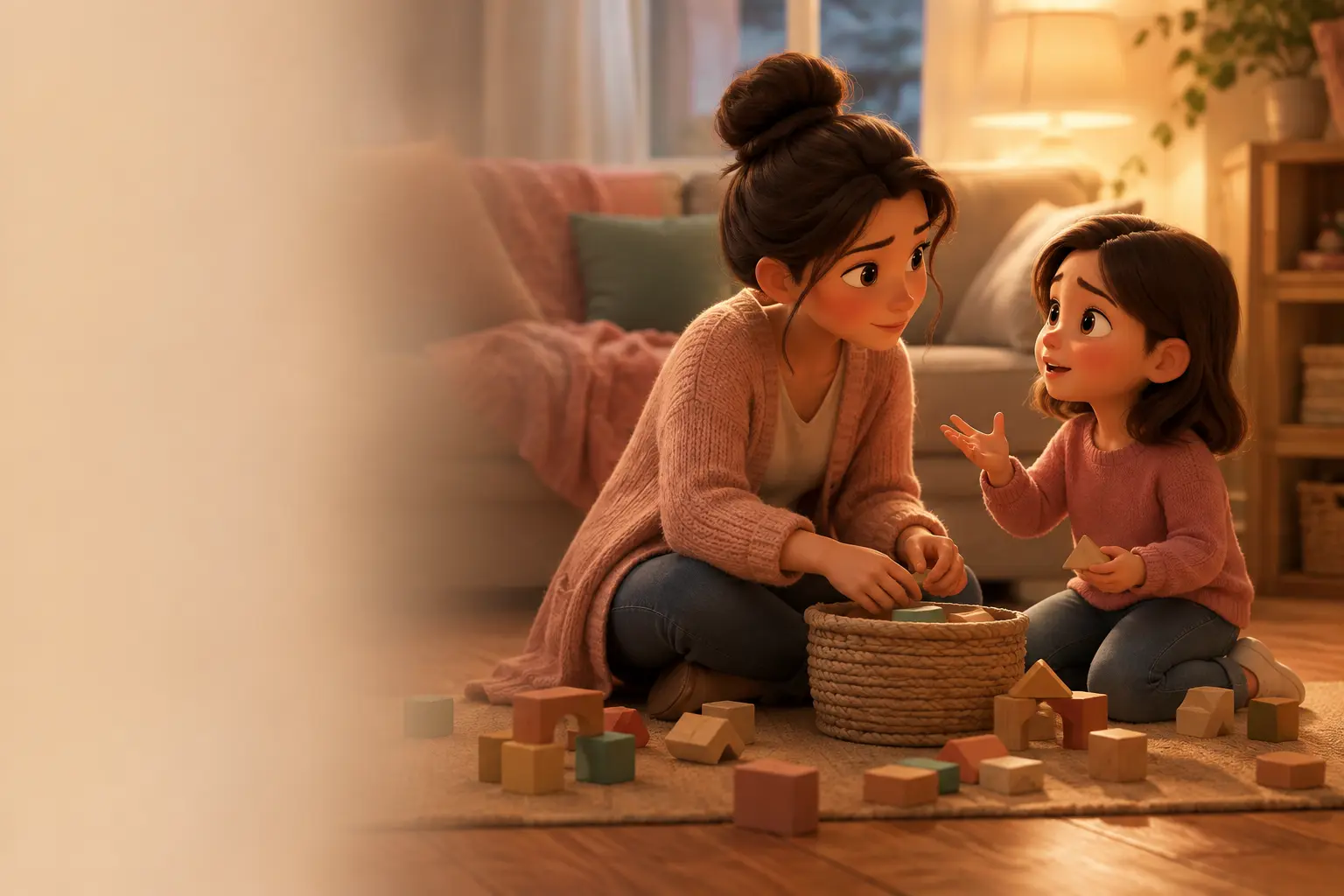 A mother and daughter reconnecting while they tidy building blocks together