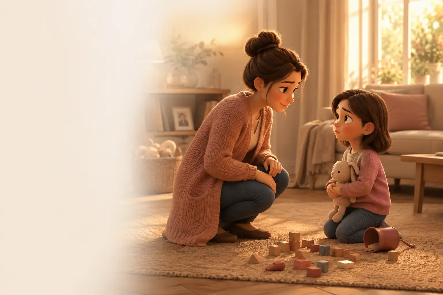 A mother kneeling near her worried daughter after a cup and building blocks were knocked over