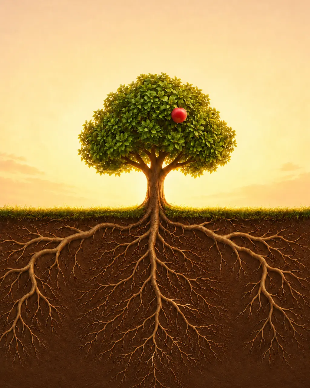 A green fruit tree above ground with a wide root system below