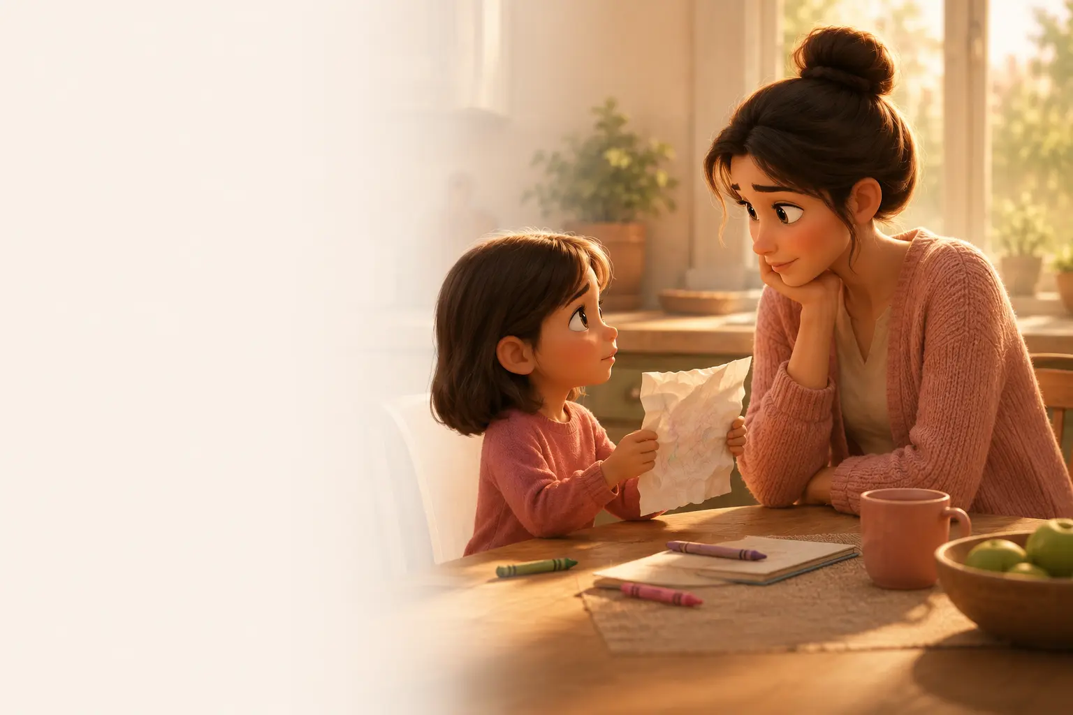 A child showing her crumpled drawing to a mother who is listening closely