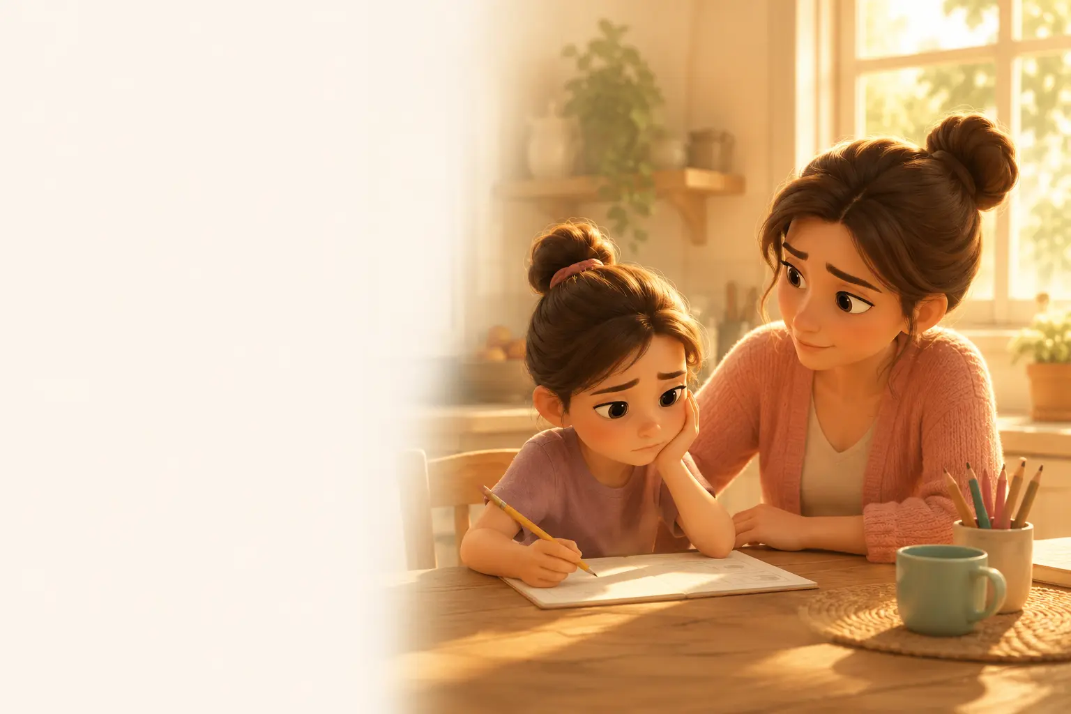 A mother sitting beside her discouraged daughter while she works on a difficult page