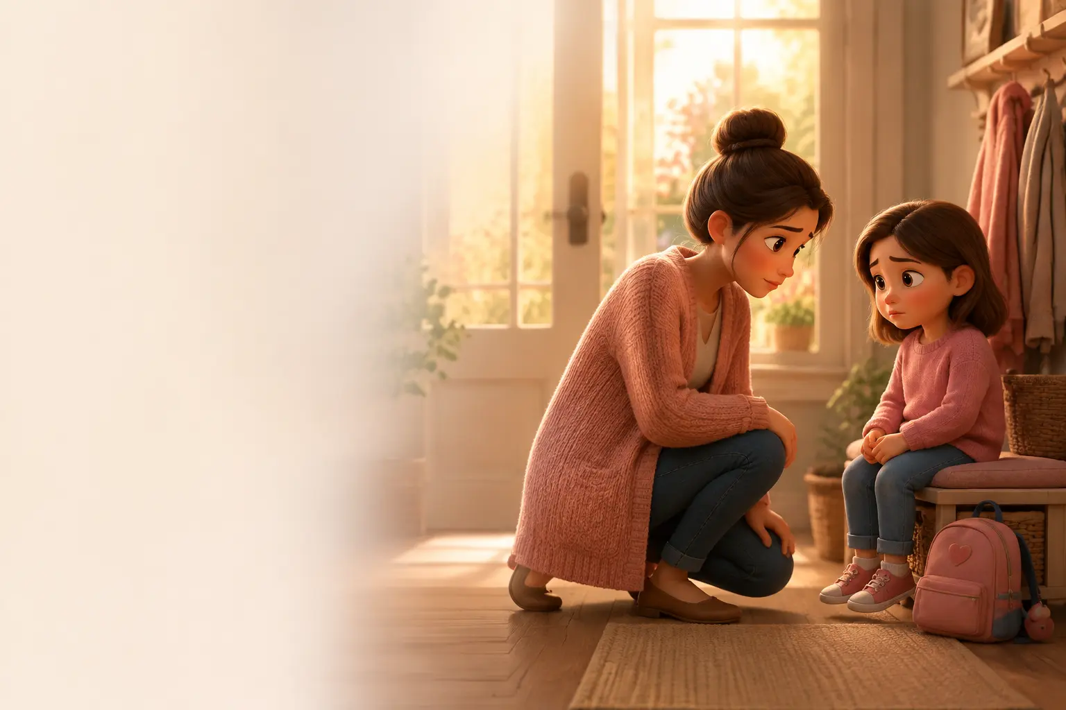 A mother kneeling beside her daughter after school and listening closely