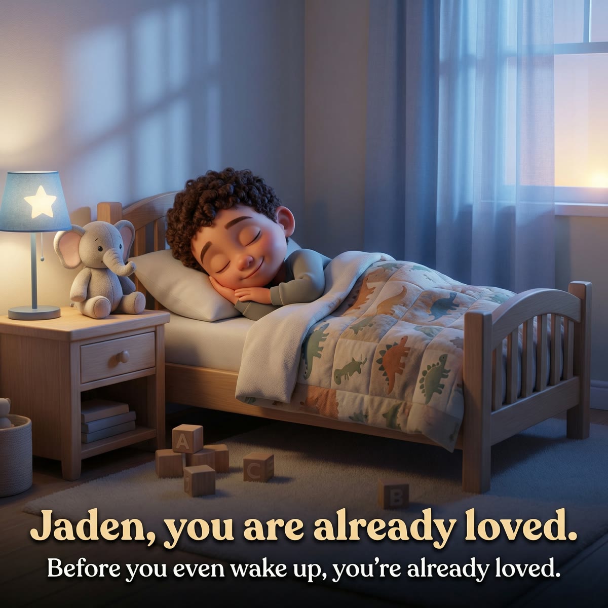 Jaden sleeping contentedly — personalized page showing boys are already loved too