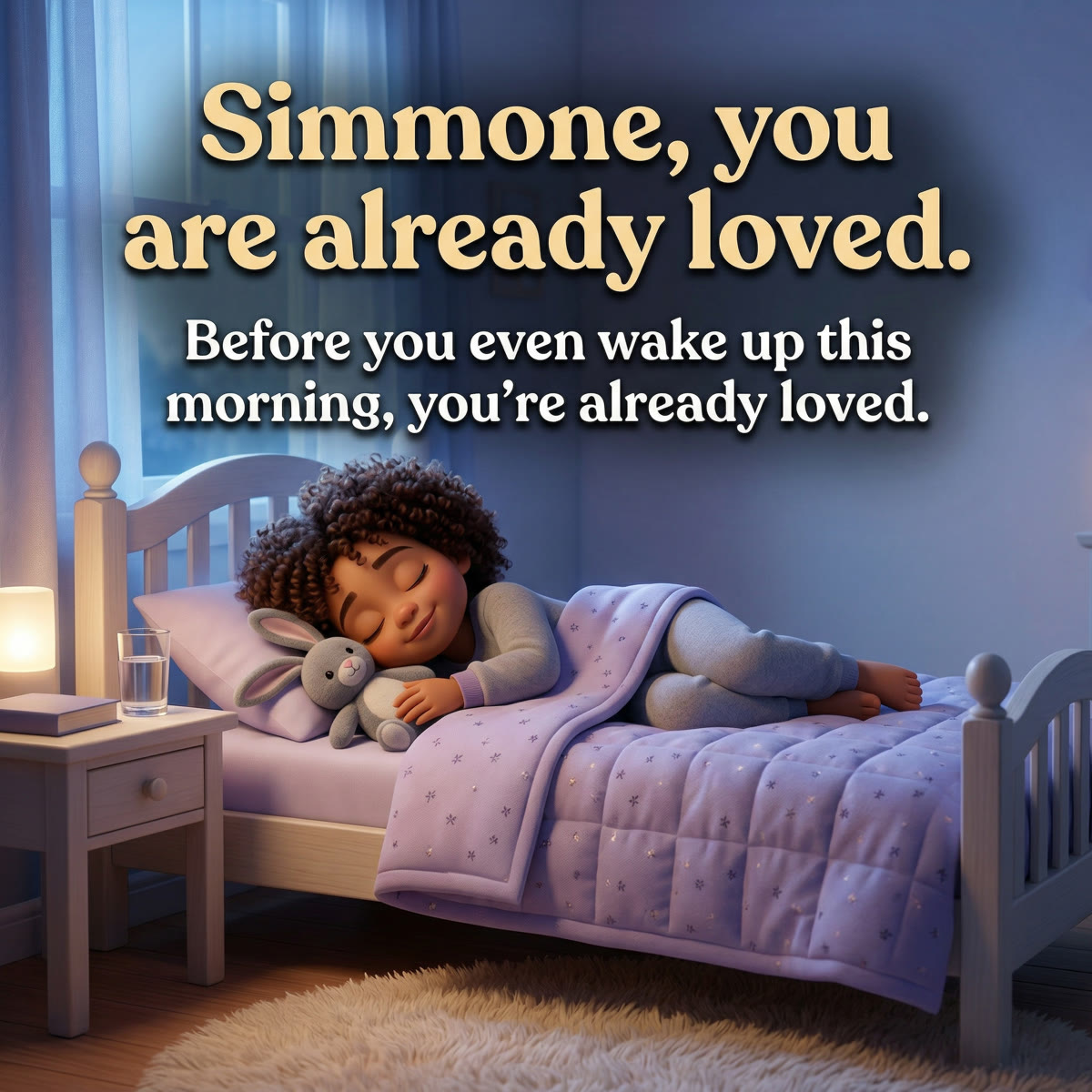 Simmone sleeping peacefully — 'You are already loved' — personalized bedtime page
