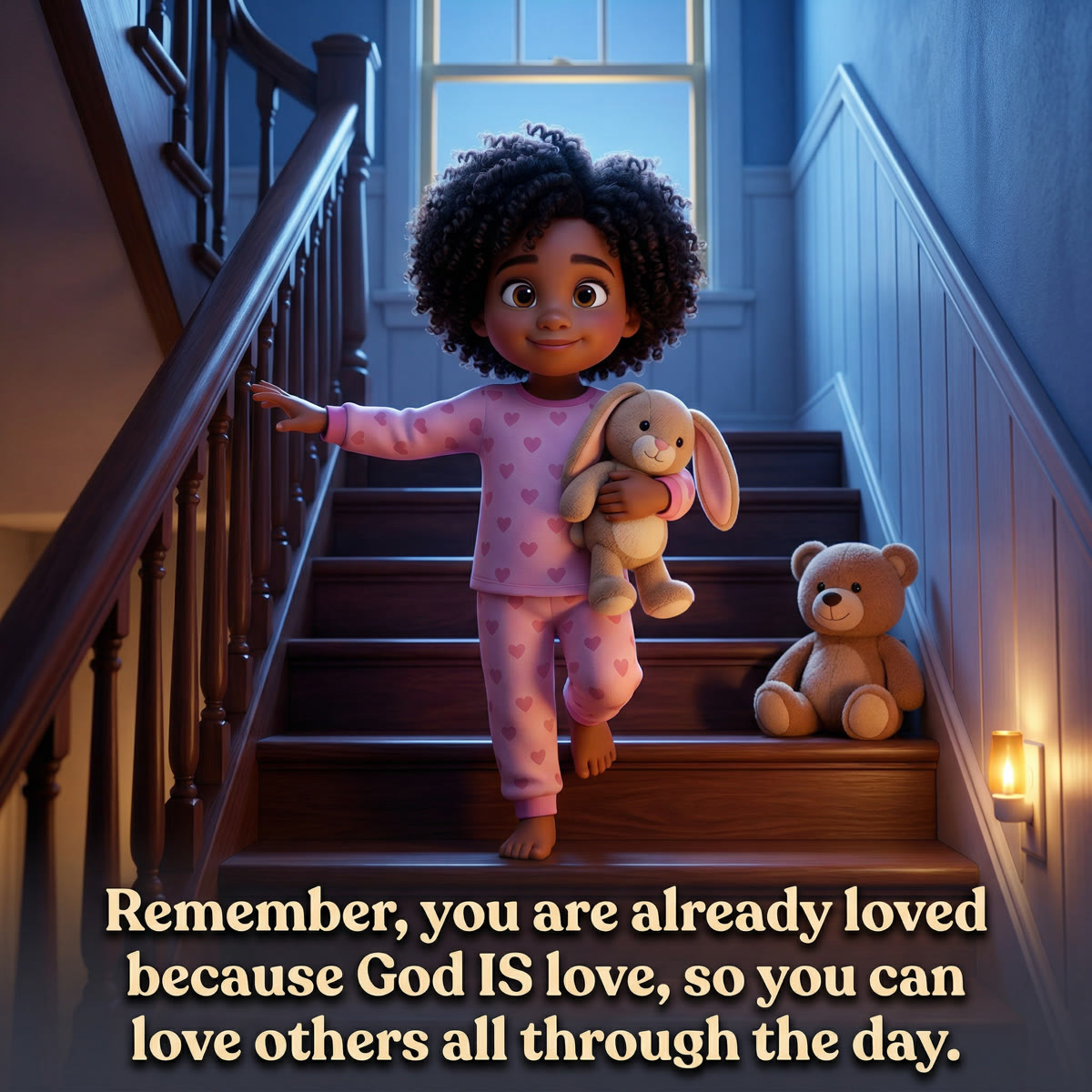 Simmone heading downstairs in heart pajamas — every page captures your child's personality