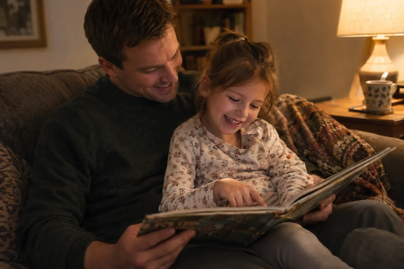 A father laughs as his small daughter points at a page of a well-worn book on his lap