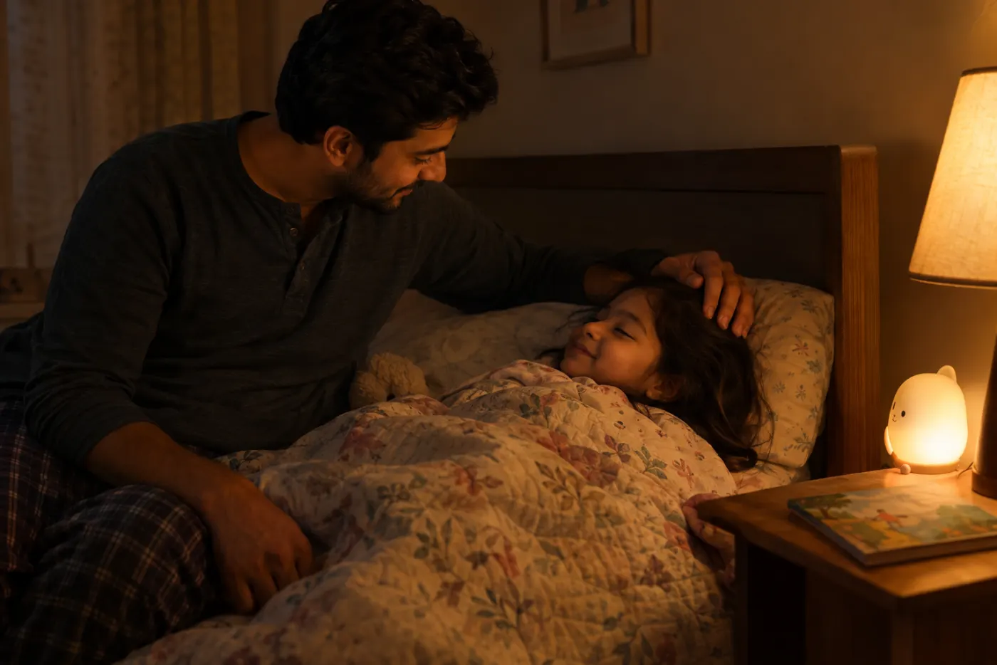 A father rests his hand on his sleepy daughter’s head as he tucks her in at night