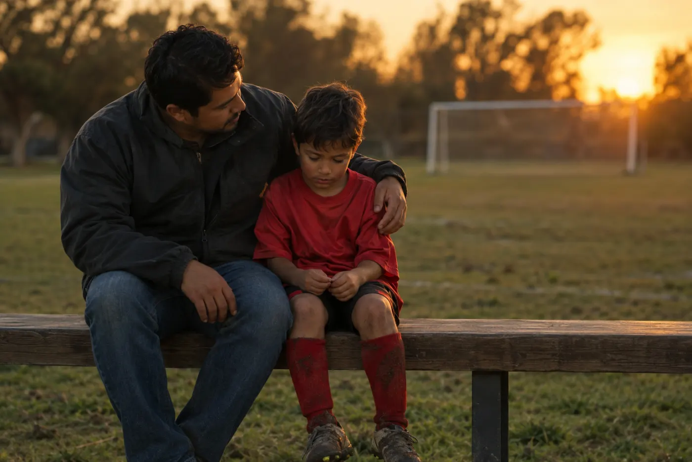 A father sits with his arm around his young son on a bench beside an empty soccer field at dusk, the boy quiet in his muddy red jersey