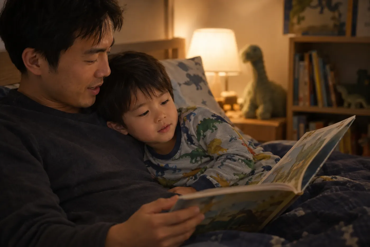A father reads a picture book aloud to his young son, who leans against his chest in bed under a warm lamp