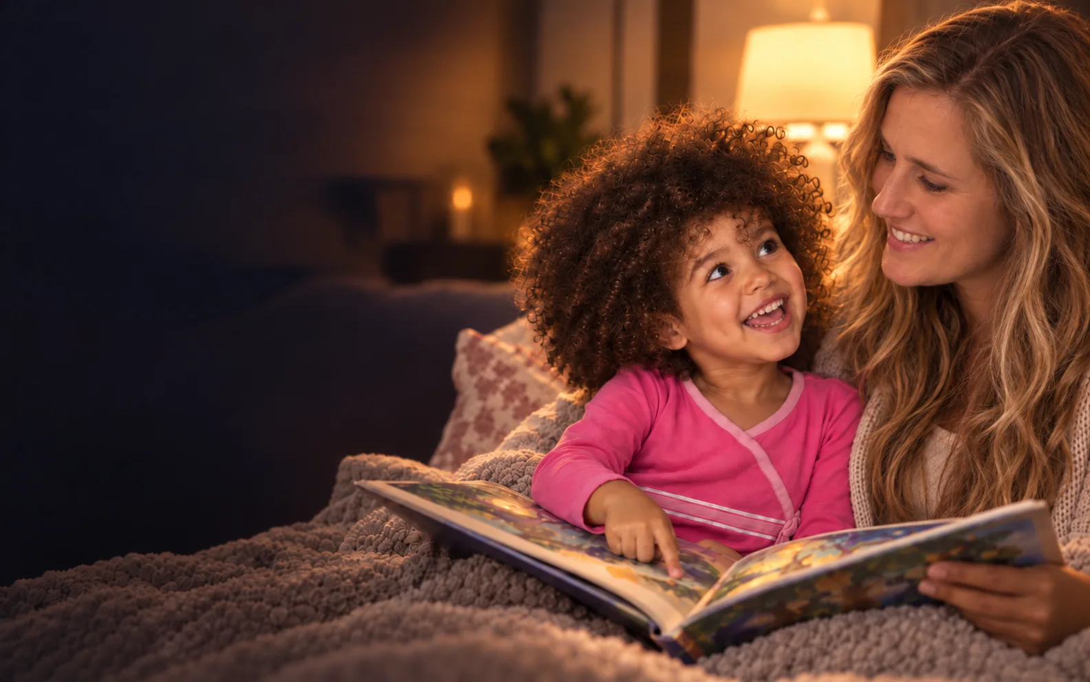 Simmone laughing up at her mom as they read her book together in bed