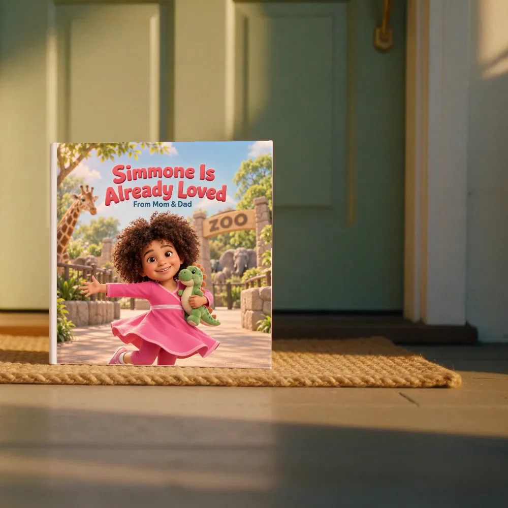 Simmone’s hardcover book standing on the doormat outside a green front door
