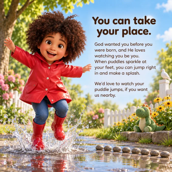 Page 16 of Simmone’s book: Simmone jumping in a puddle in red rain boots