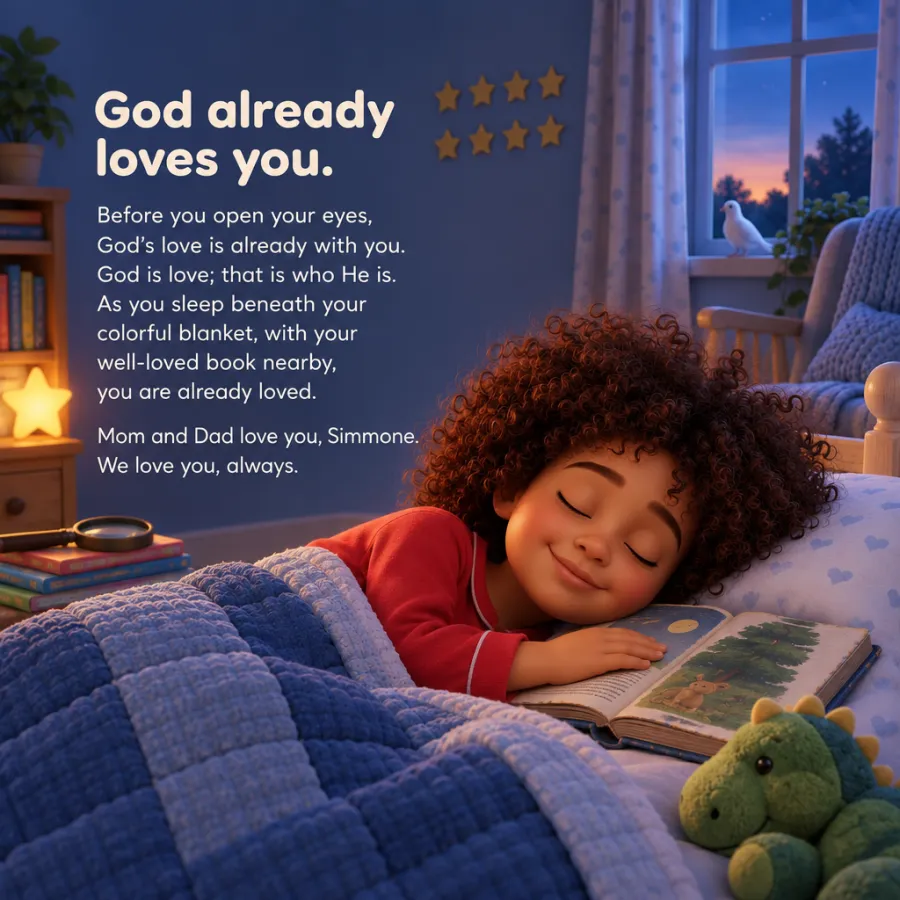 Page 3 of Simmone’s book: she sleeps beside her book and her green dino
