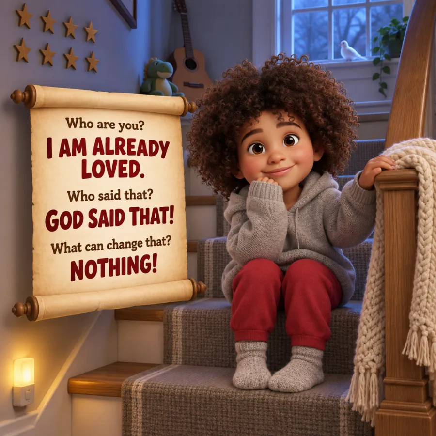 Page 5 of Simmone’s book: she sits on the stairs beside a scroll that reads “Who are you? I am already loved. Who said that? God said that! What can change that? Nothing!”