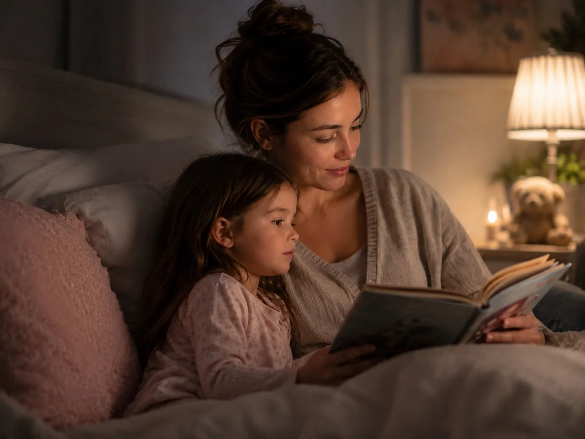A grown woman reading a book to her young daughter at bedtime
